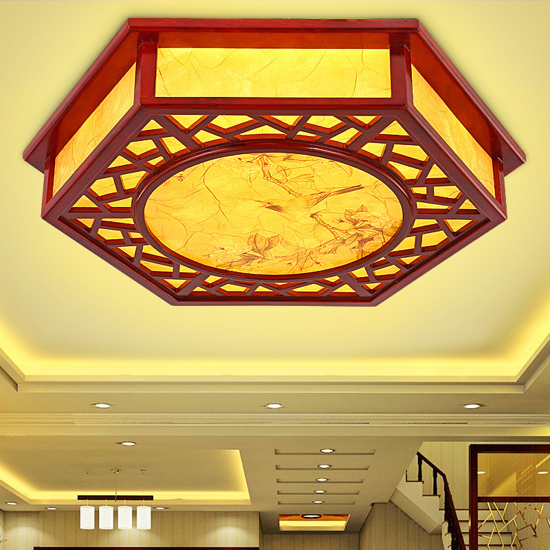 New Chinese hexagonal LED solid wood ceiling lamp warm master bedroom living room study creative yel
